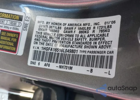 2006 Honda Civic Lx from USA, damaged, VIN 1HGFA16516L049801